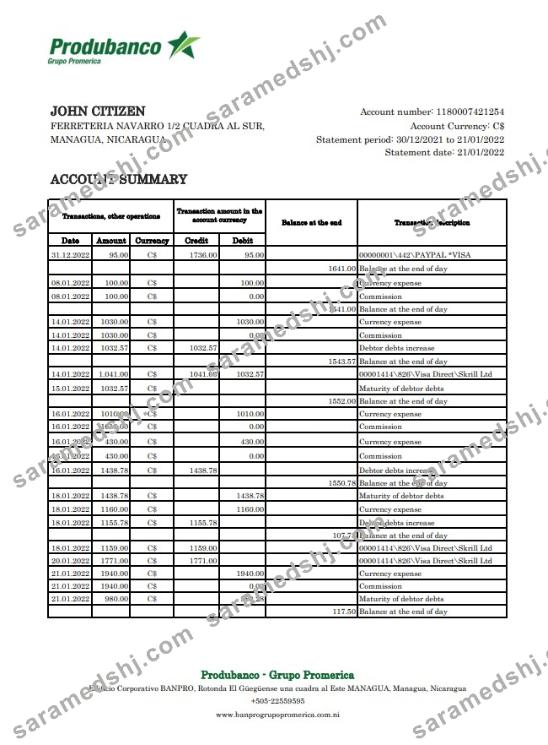 Nicaragua Banco de la Producción bank statement
